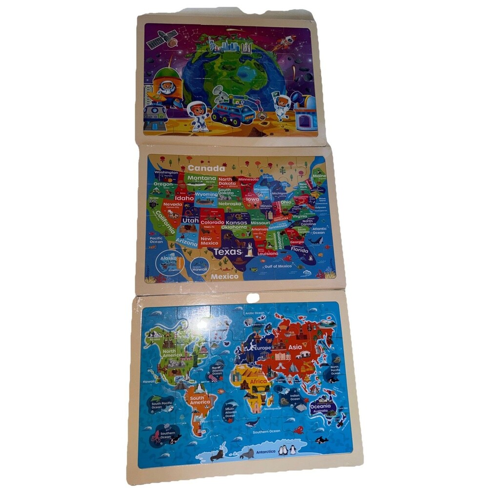 3 Large USA Wooden Puzzles for Kids Ages 3-5, Learning United States Map Puzzle